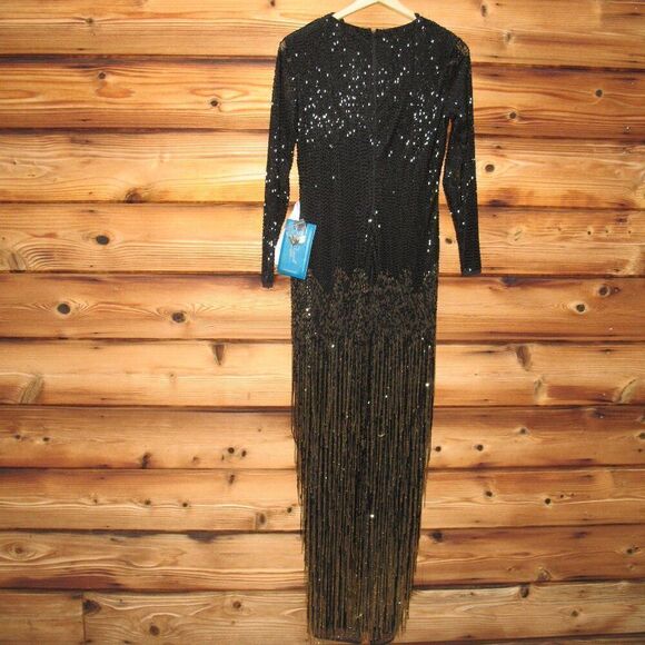 MAC DUGGAL 93584 Long Sleeve Beaded Fringe Evening Gown Dress - Picture 12 of 15